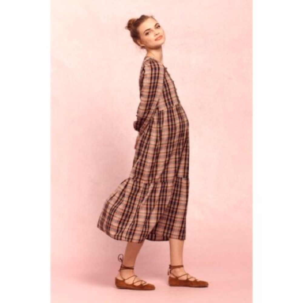 Frances Hart Plaid Midi Dress Maternity Midi Tiered 3/4 Sleeve